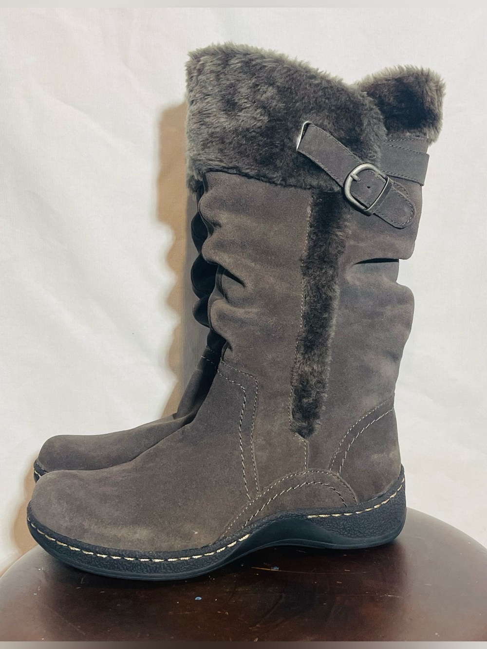 Baretraps Emilse Grey Suede Faux Fur Ruched Winter Boots